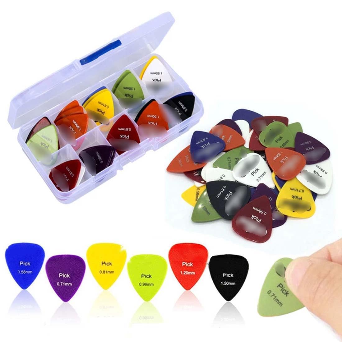 DELFINO Guitar Plectrums Picks - Pack of 100 (0.58mm, 0.71mm, 0.81mm, 0.96mm, 1.2mm, 1.5mm), One Size