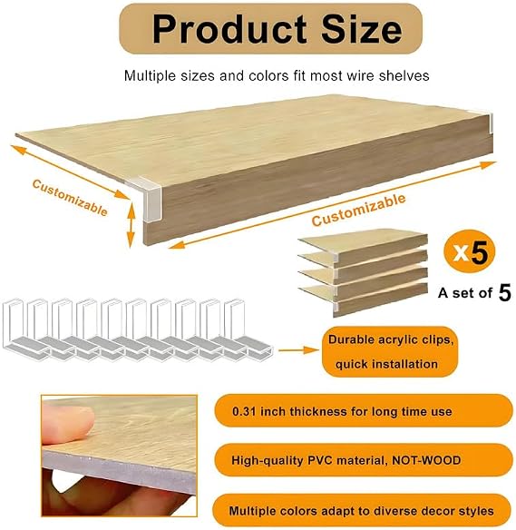 Wire Shelf Cover 16x23inch, 5Pcs Faux Wood Shelf Covers for Wire Shelving, 3 in High Wires Rack Covers for Shelves, Waterproof PVC Shelfs Cover for Pantry Kitchen Closet Bathroom Office