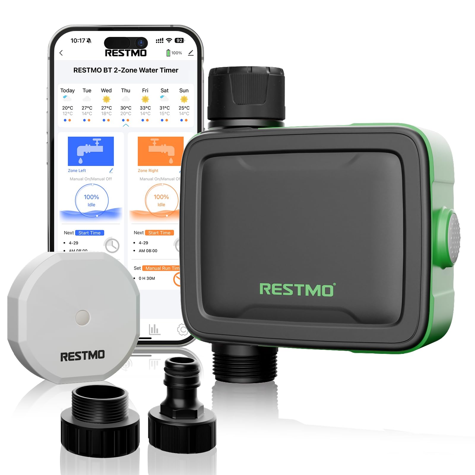 RESTMO Computer di irrigazione a 1 zona Wi-Fi + hub RF con flussometro | Orologio di irrigazione Automatico da Giardino, Controllo di Irrigazione, Sistema di Irrigazione per Giardino e Prato