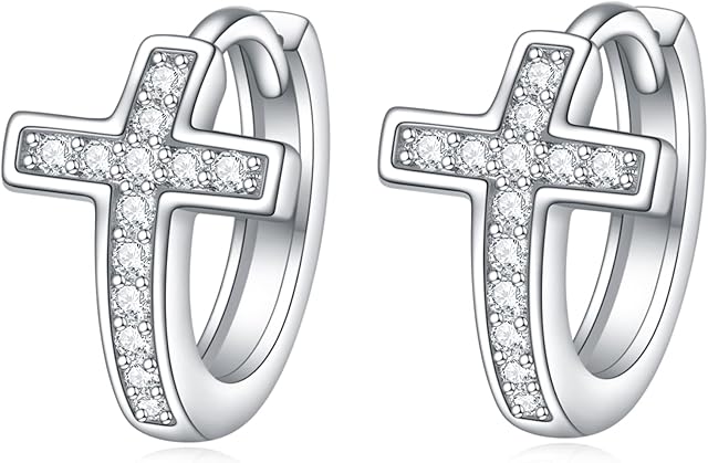 VONALA Small Hoop Earrings for Women, 925 Sterling Silver Cross Huggie Earrings Hypoallergenic Circle Jewellery
