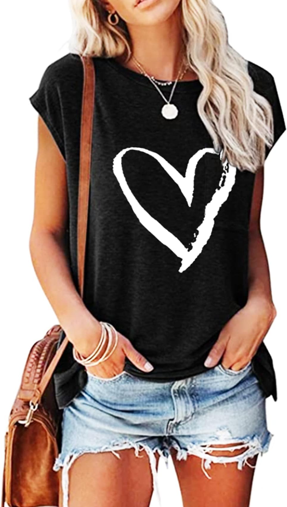 MAGICMKWomen Casual Graphic Tank Tops Summer Loose Outdoor Sports Vest Tee Shirts (X-Large, Black+WHEART)