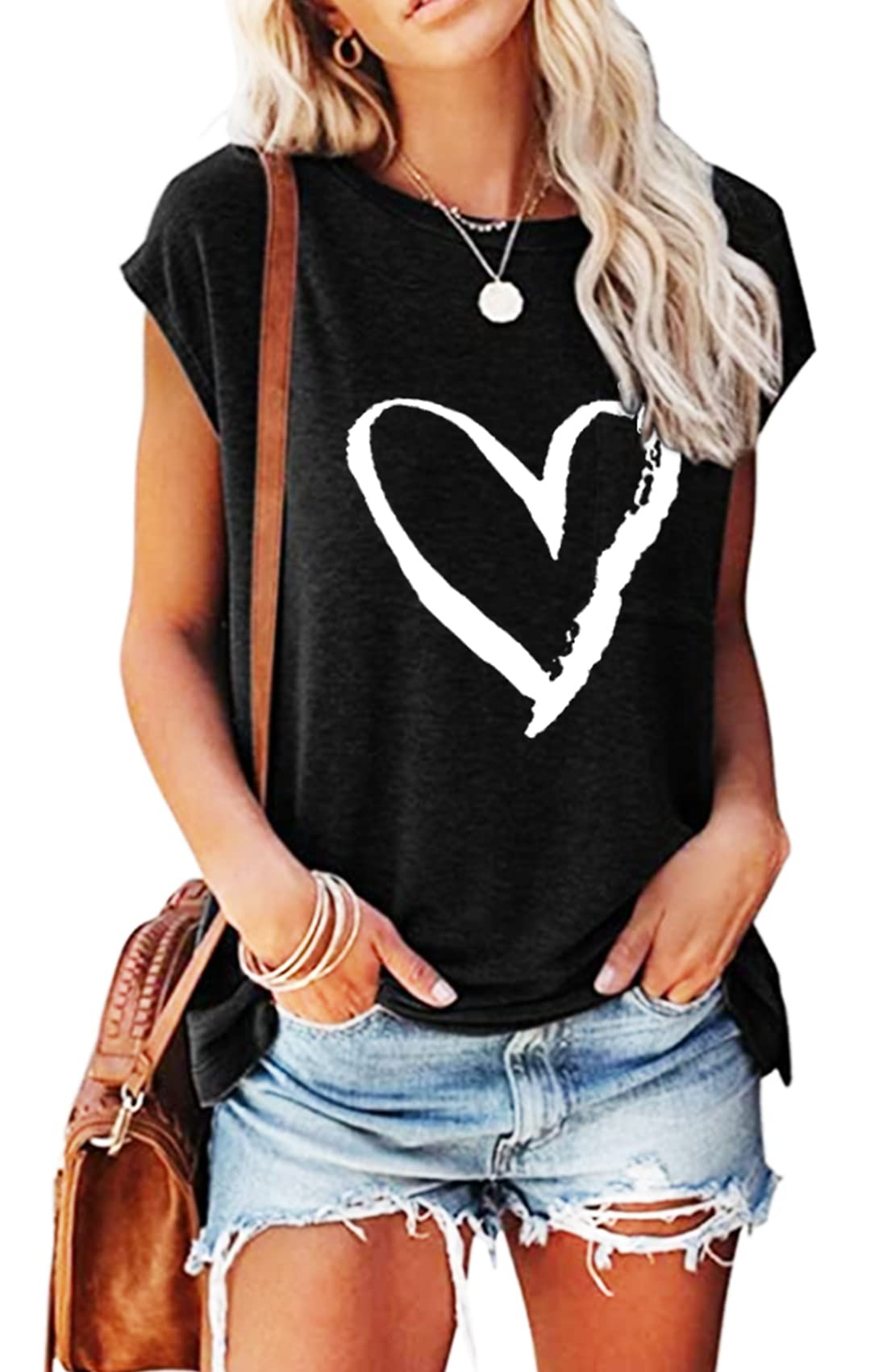 MAGICMKWomen Casual Graphic Tank Tops Summer Loose Outdoor Sports Vest Tee Shirts (X-Large, Black+WHEART)