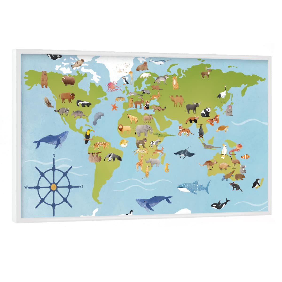 artboxONE Poster mit weißem Rahmen 60x40 cm Für Kinder Tiere der Welt - Bild Weltkarte Kontinente lebensräume