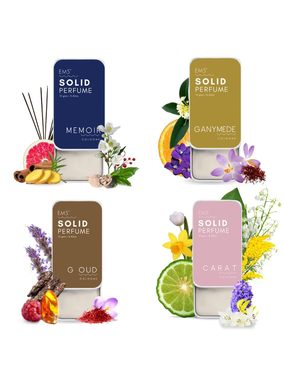 H.o.u.s.e o.f E.M.5™ Solid Perfume Gift Set, 4 Cologne Variants, with Beeswax, Shea Butter & Jojoba Oil, Alcohol Free