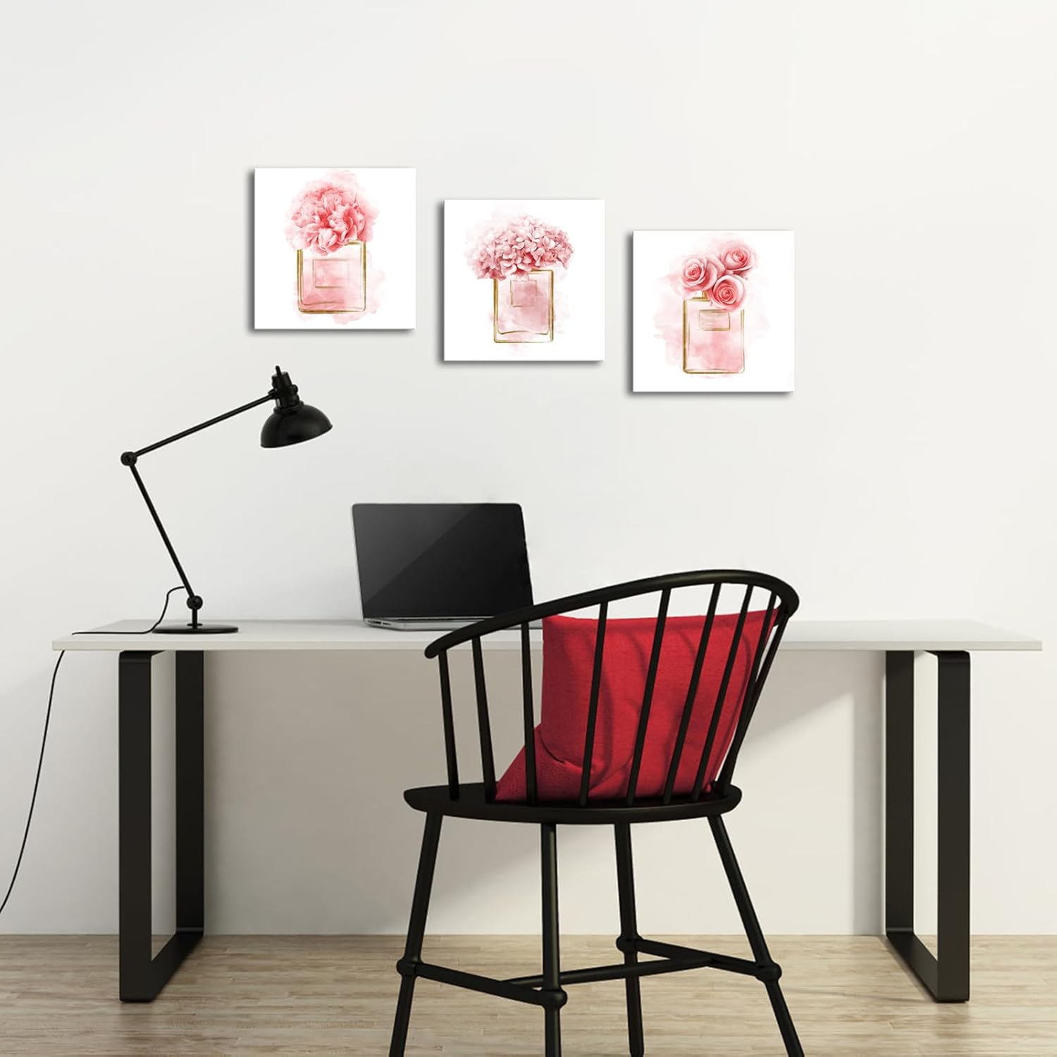 Apicoture Pink Flower Wall Art Pink Floral Perfume Bottle Wall Art Fashionable Perfume Floral Wall Deocr for Bathroom Womens Girls Dressing Room Bedroom Wall Decor Ready to Hang12 X12 X3