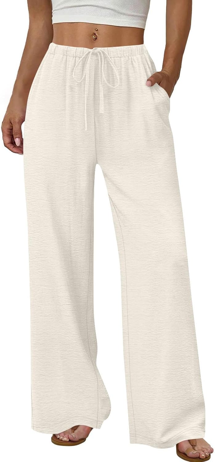 Wide Leg Pants Woman Flowy Drawstring Elastic Waist Trousers Summer Vacation Beach Palazzo Lounge Pants with Pockets - Image 4