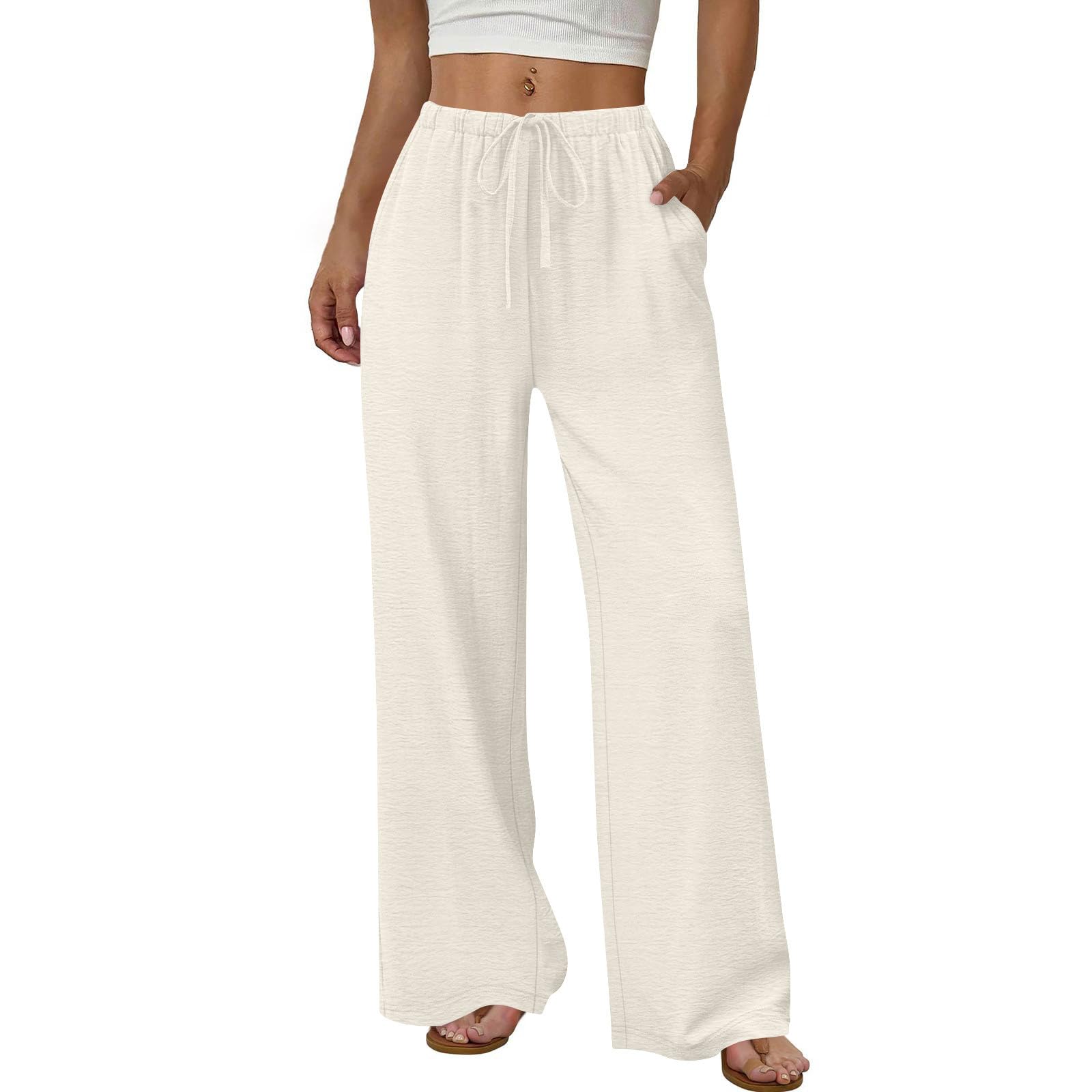 leichte Sommerhose Damen, Leinenhose Damen 2026 Sommer Palazzo Hose Leicht Einfarbig Sommerhose Bequem Strandhose Weite Bein Hosen Elegant Baumwolle Leinen Freizeithose Stoffhose Clothing