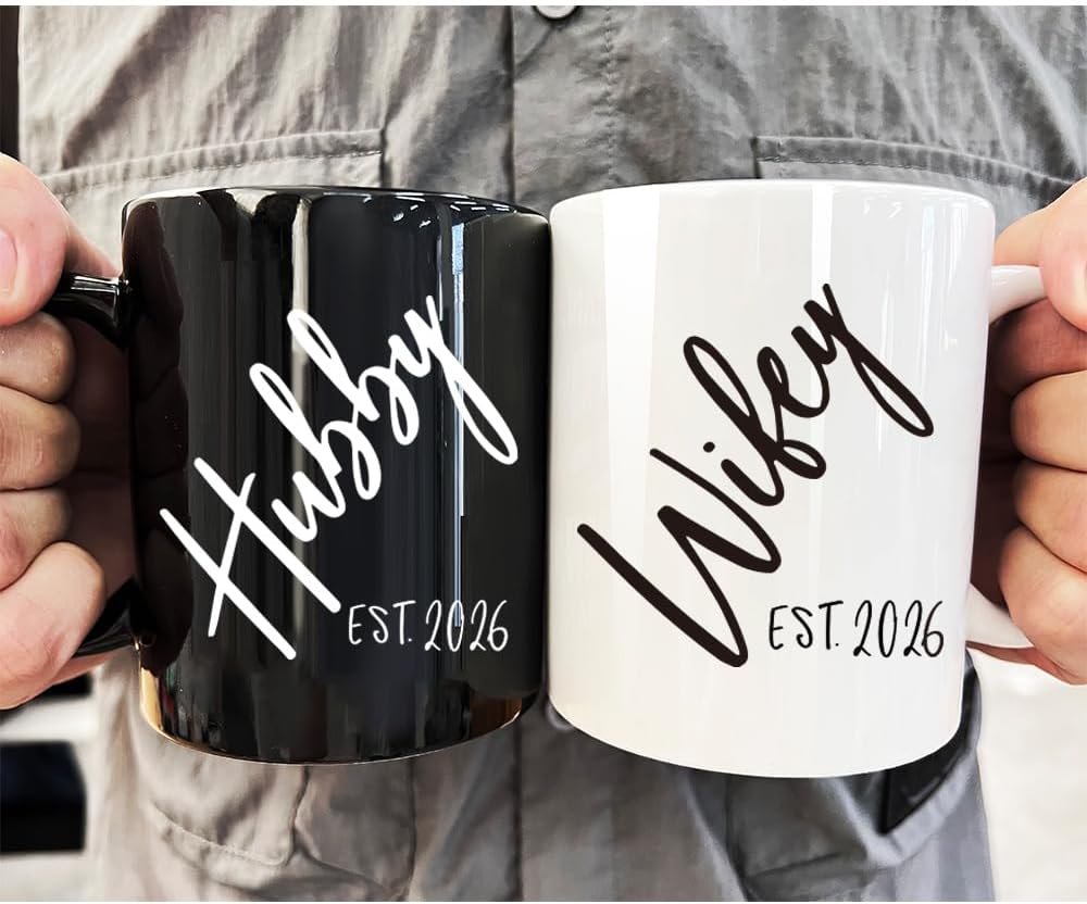 FALJIOK Est 2026 Hubby & Wifey Coffee Mugs Set, Wedding Mug Gift for Couple, Bride Groom Mug Gifts for Anniversary, Newlywed Coffee Mugs Set 11oz, Mr & Mrs Bridal Shower Gift - Image 2