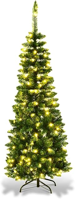 COSTWAY 4.5FT/6.5FT/7.5FT Pre-lit Slim Christmas Tree, Hinged Pencil Xmas Tree with Warm LED Lights, Foldable Metal Stand & Superior PVC Leaves, Holiday Decoration for Home and Shops (7.5FT)