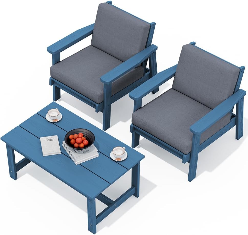 SERWALL Outdoor HDPE Loveseat with Blue Frame and Grey Cushions