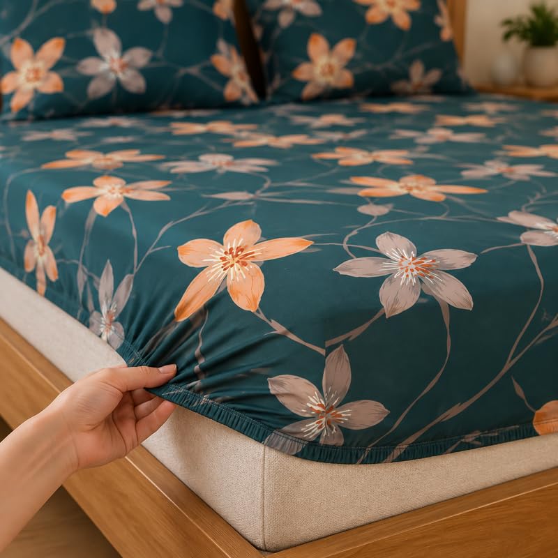 Image of la' amour 180tc Microfiber Fitted Single Bedsheet with 1 Pillow Cover | Elastic Bed Sheet | Soft Breathable Skin-Friendly Fabric | All Season Comfort | 36 x 72 + 6 Inches Deep Teal Floral