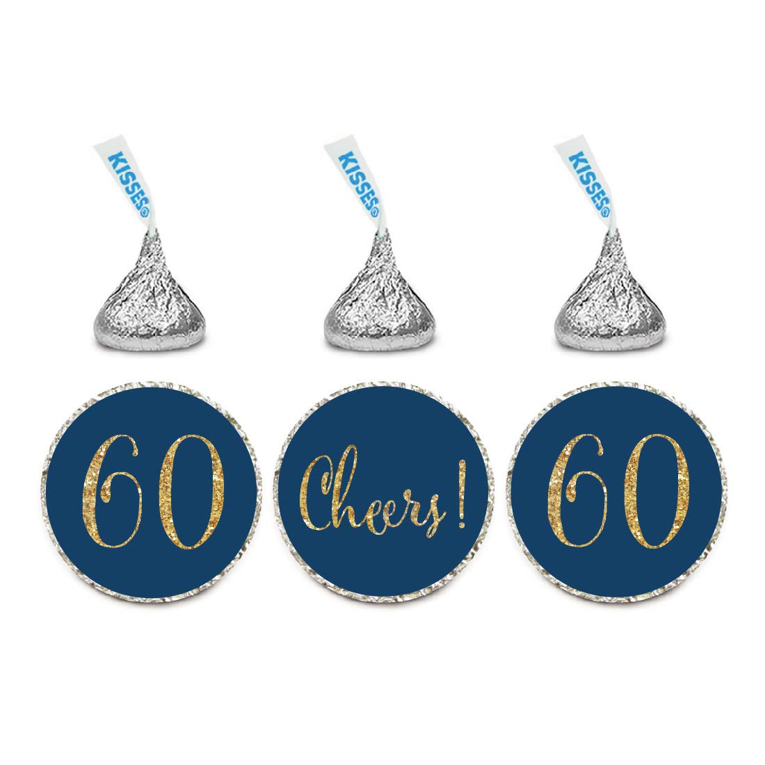 Andaz Press Gold Glitter Print Chocolate Drop Labels Stickers, Cheers 60, Happy 60th Birthday, Anniversary, Reunion, Navy Blue, 216-Pack, Not Real
