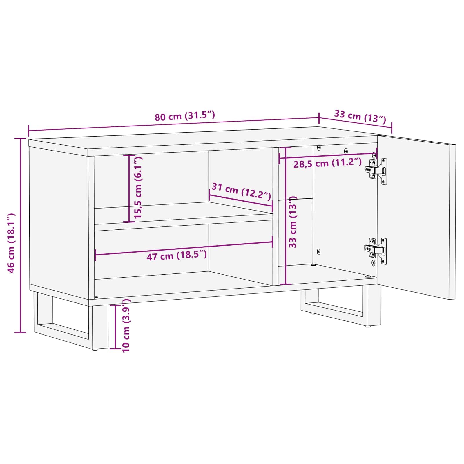 TV-Schränk mit Regal aus massivem Mangoholz Braun 80 x 33 x 46 cm mit 2 Regalen und Tür für Wohnzimmer Heimkino Gaming und Aufbewahrung von Mediengeräten und Zubehör