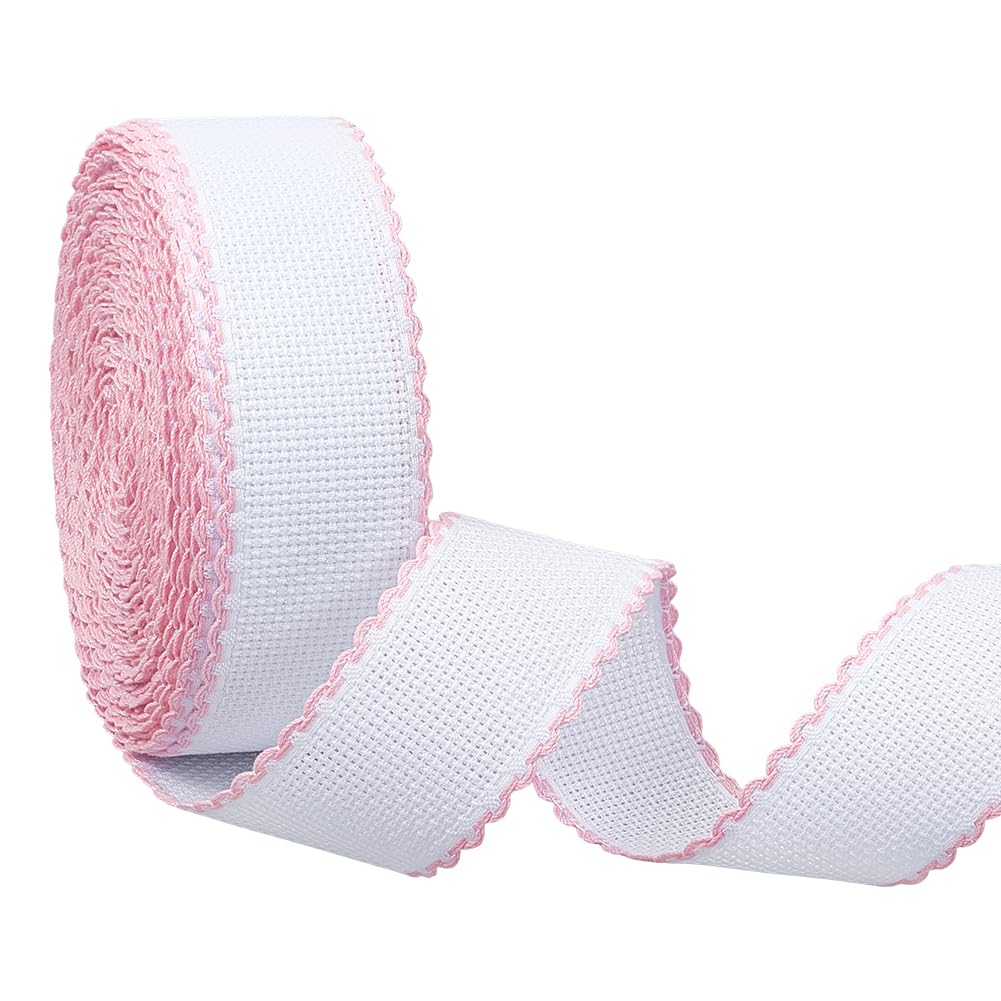 BENECREAT 13.5m x 3.5cm/14.8yd x 1.4in Aida Band with Pink Edge, Cross Stitch Fabric for Embroidery Needlework Bookmark DIY Crafts, 0.7mm Thick
