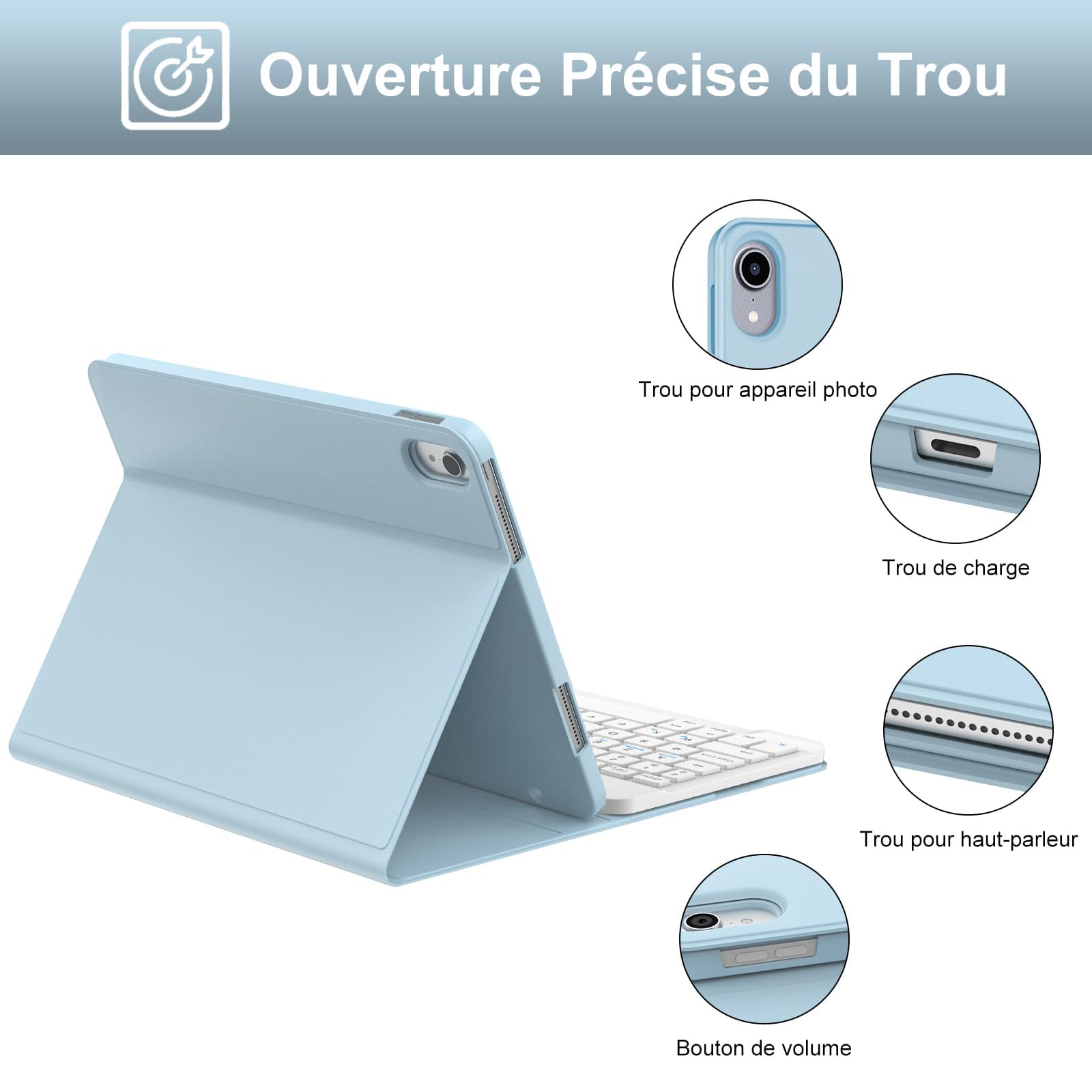 Coque Clavier pour iPad A16 11e Génération 2025/10e Génération 2022, AZERTY Français Housse Clavier Bluetooth Magnétique Détachable avec Porte Crayon pour iPad 10/11eme Gén 10.9/11 Pouces, Bleu Ciel