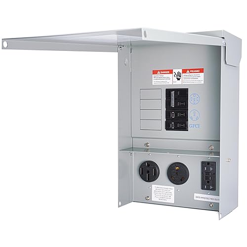 RV Electrical Panel Temporary Power Outlet Panel with Prewired Circuit Breaker Box 20 30 50 Amp Receptacle Installed Power Outlet Weatherproof for