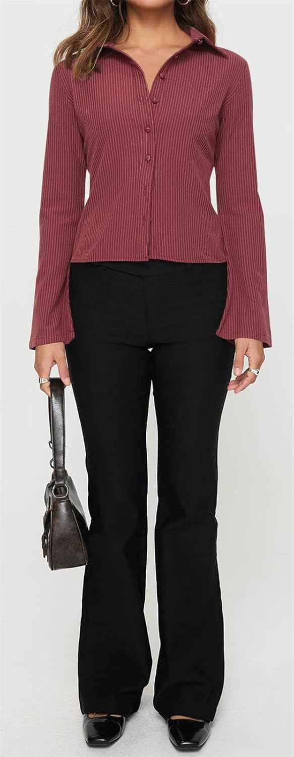 ECHOINE Women Button Down Shirts Long Sleeves Slim Fitted Casual Collared Blouses Work Striped Tops - Image 6