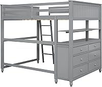 Vista 8 de Harper & Bright Designs Cama tipo loft de tamaño matrimonial con escritorio y 6 cajones de almacenamiento, marco de cama tipo loft de madera