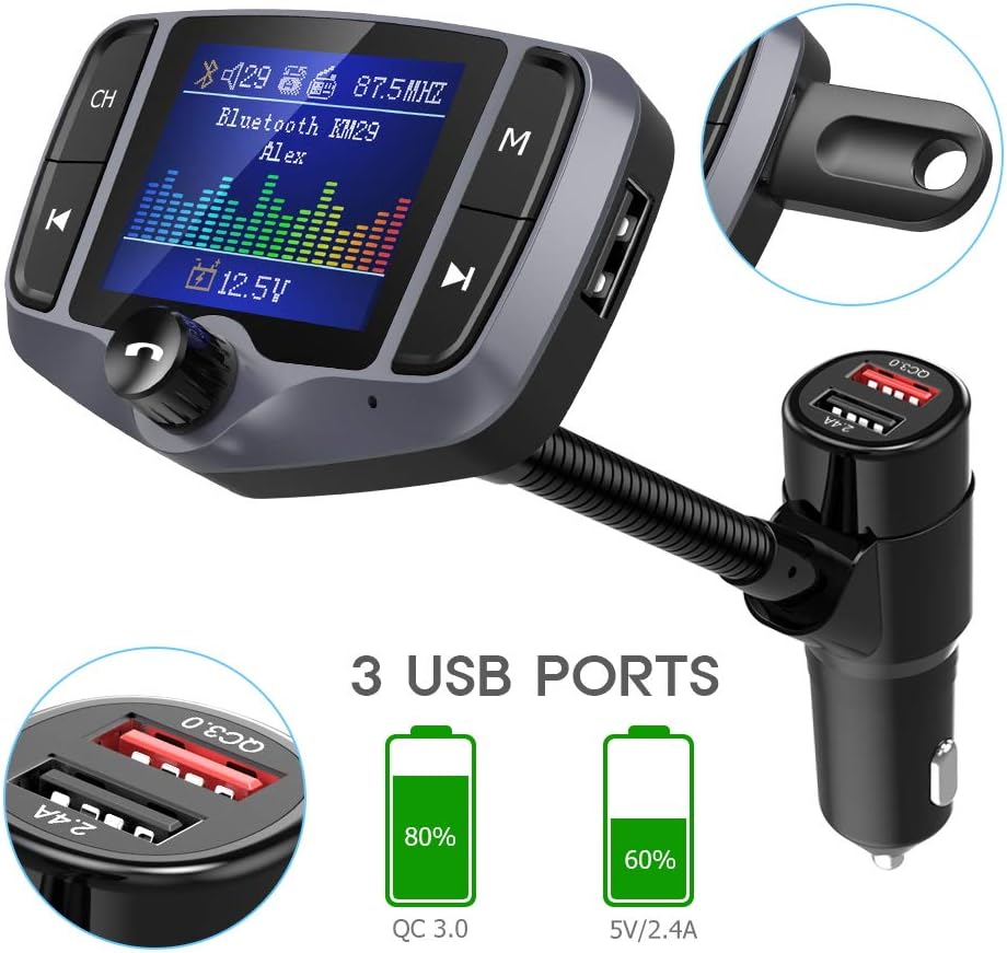 Nulaxy Bluetooth FM Transmitter, 1.8 Inch Display Car Charger Adapter Wireless Bluetooth Receiver Hands-Free Kit, QC3.0 & 5V/2.4A, Support USB Drive, SD Card, Aux Input&Output-KM29 Grey