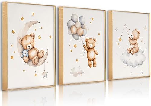 Miniatura 9 de 3 piezas de oso de peluche para cuarto de bebé, arte de pared con oso durmiendo en la luna y estrellas, decoración de pared con globos, nubes,