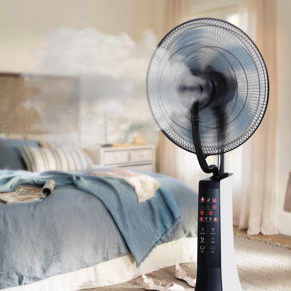SILVANO Ventilador Nebulizador de Pie 90W con Mando a Distancia | Ventilador con Agua y Pulverizador | 3 Velocidades, Temporizador y Oscilación | Silencioso | Depósito 2,8–3L (MistFlow Pro)