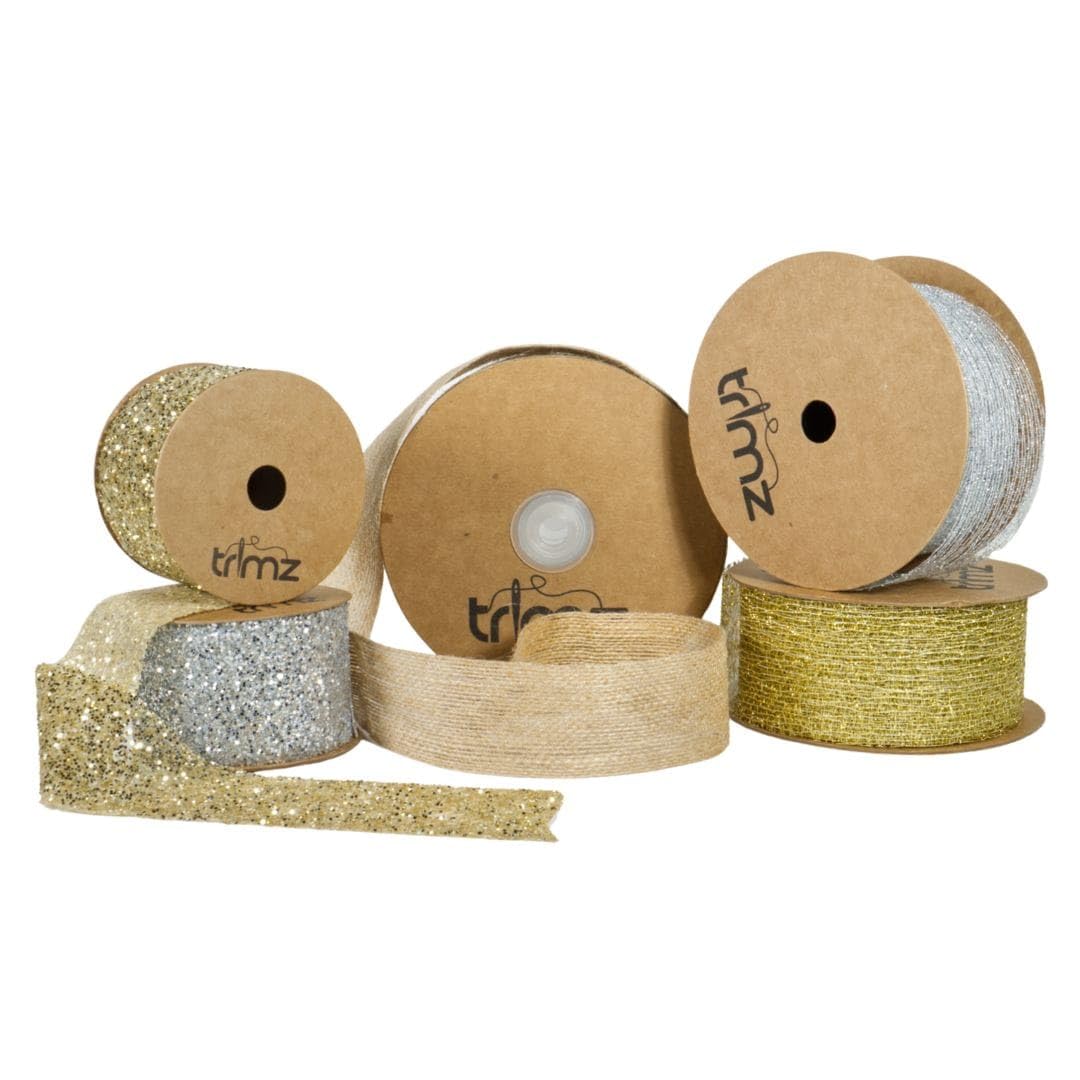 Sparkle Maxi Ribbon Craft Bundle – Gold Webbing Reel (20m), Silver Webbing Reel (20m), Gold & Silver Glitter Organza Ribbons, and Hessian Tape for Gift Wrapping, Wedding Décor & Crafts