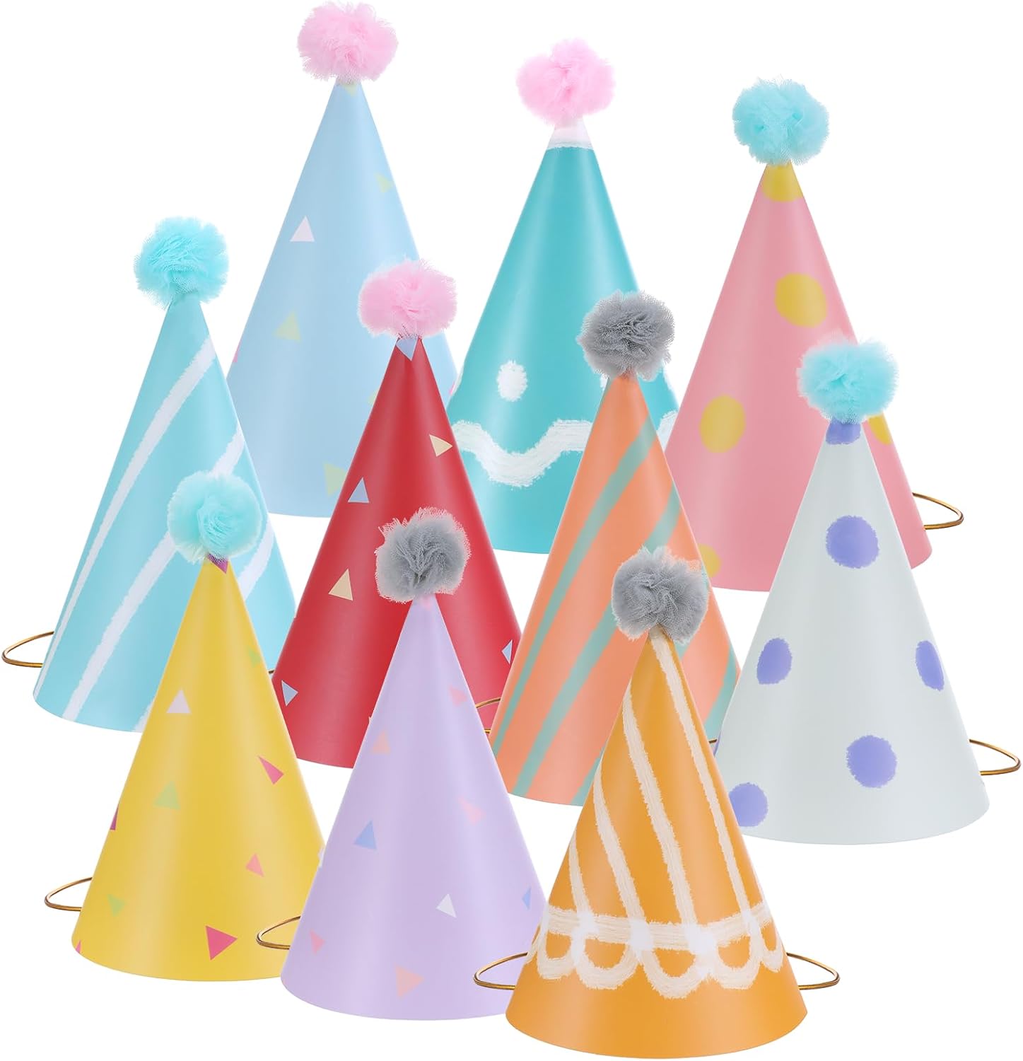 Aeaocvo 10 Pack Colorful Birthday Party Cone Hats with Pom Poms for Kids Adults - Baby Shower Photo Props Fun Celebrations