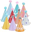 10 PCS Birthday Party Hats for Kids Adults, Colorful Cone Hat Decorations with Pom Poms for Toddler Girls Boys Baby Shower, Fun Party, Photo Props, Memorable Celebrations