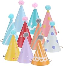 10 PCS Birthday Party Hats for Kids Adults, Colorful Cone Hat Decorations with Pom Poms for Toddler Girls Boys Baby Shower, Fun Party, Photo Props, Memorable Celebrations