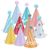 Aeaocvo 10 PCS Birthday Party Hats for Kids Adults, Colorful Cone Hat Decorations with Pom Poms for Toddler Girls Boys Baby Shower, Fun Party, Photo Props, Memorable Celebrations