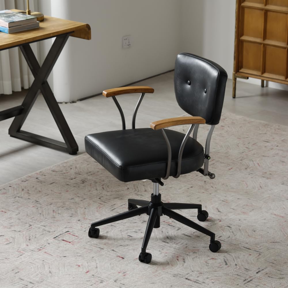 I0I&I0I Sedia da ufficio ergonomica in pelle, regolabile in altezza, girevole, con ruote e braccioli in rovere, per casa e ufficio