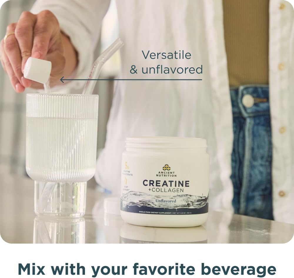 Ancient Nutrition Creatine + Collagen – Muscle Strength, Lean Body Mass, Joint Comfort & Cognitive Support – Includes 5g Creatine Monohydrate for Women, 30 Servings