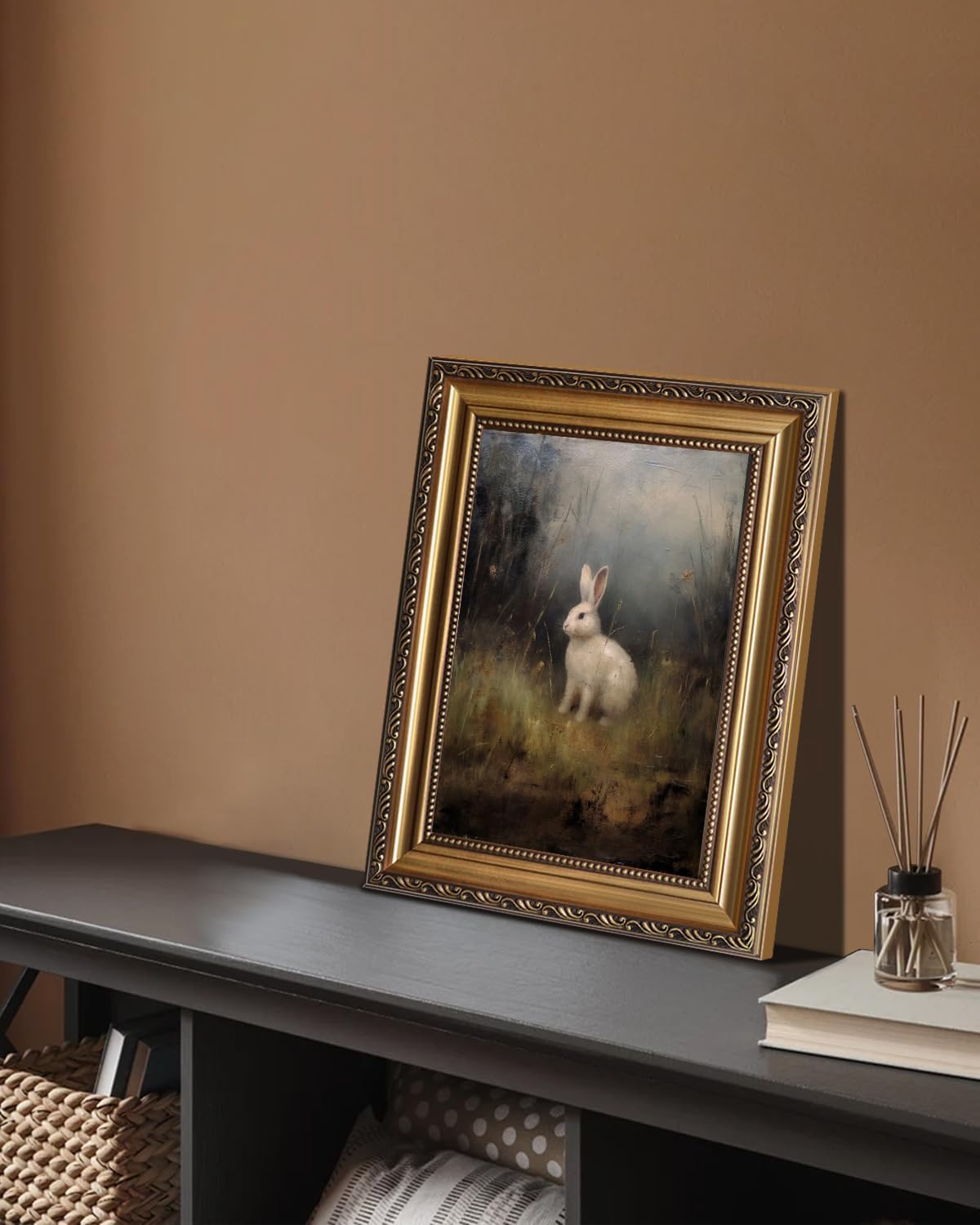 KBKBART Vintage Framed Wall Art for Living Room, Dark Academia Decor Wild Hare Rabbit Vintage Oil Painting, Retro Animal Bunny Canvas Art Prints Wall Decor for Dark Aesthetic, Gold Framed Artwork, 12"x16"