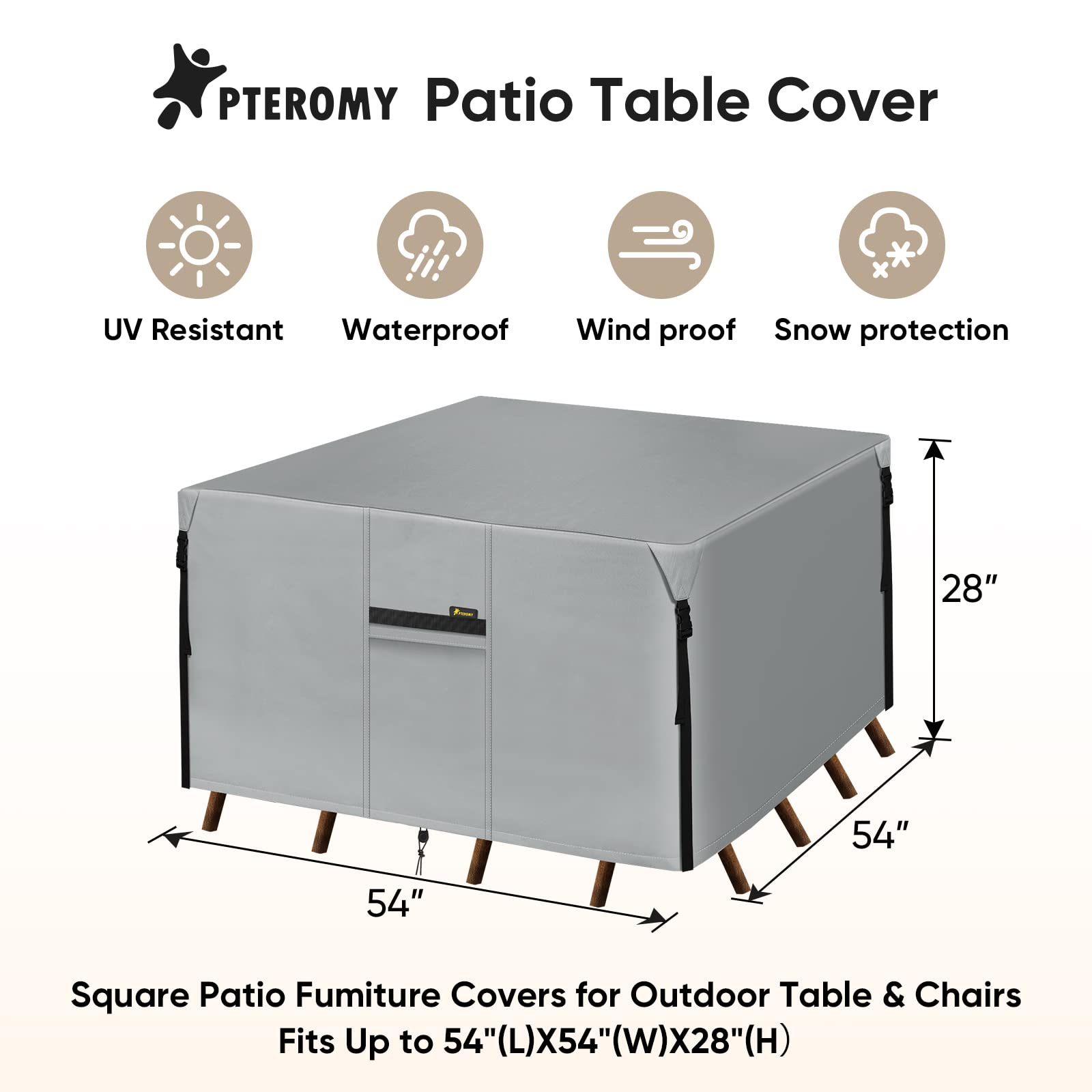 PTEROMY Waterproof Patio Table Cover - Heavy Duty 600D Canvas For Outdoor Dining Set, 111"x74" (Gray)