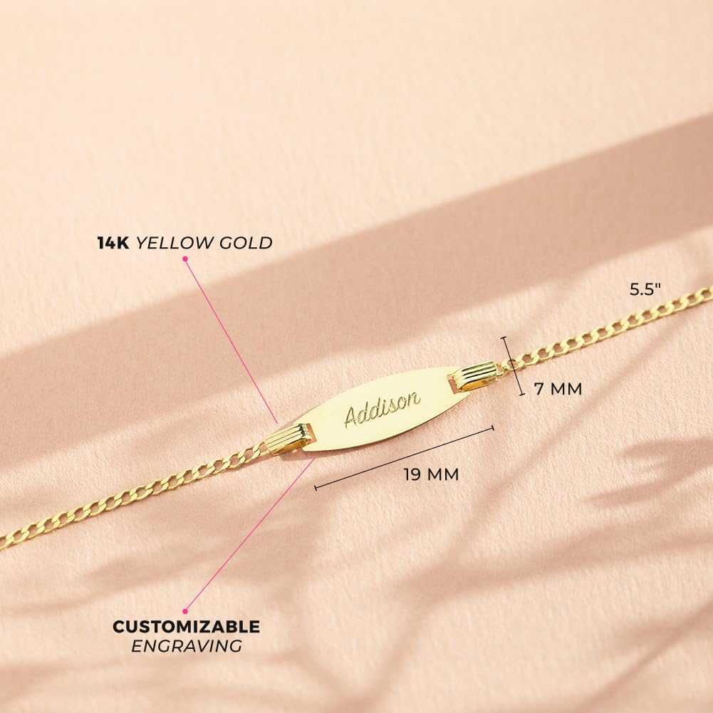 14k Yellow Gold Oval Engravable Tag Identification Bracelet With Curb Link For Little Girls and Boys 5.5" - Personalized Tag Id Bracelet For Toddler - Special First Birthday Presents For Children