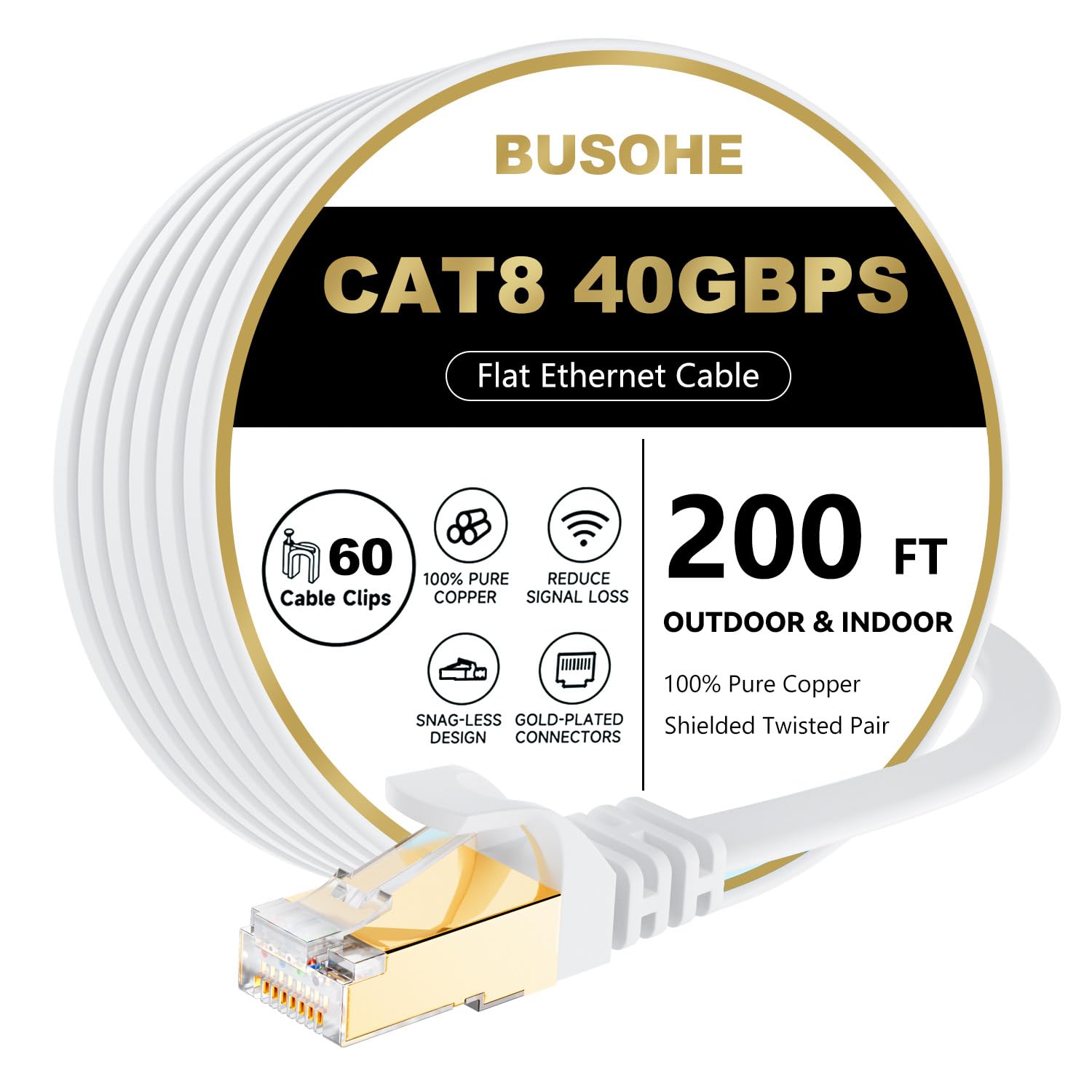 BUSOHE Cat 8 Ethernet Cable 200 FT, 40Gbps 2000Mhz High Speed Flat Cat8 Cable Patch Cord with Gold-Plated RJ45 Connector, LAN Network Internet Cable