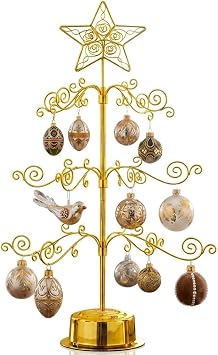 HOHIYA 24 Rotating Ornament Display Tree Stand 36 Hooks Metal Tabletop Display Rack for Christmas Ornaments Halloween Decor Craft Show Display Heavy Duty Brass Gold
