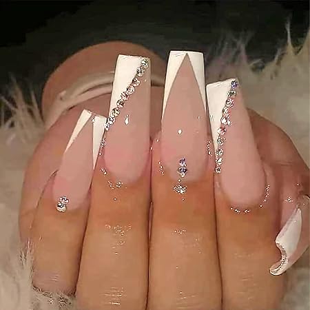 Amazon Com Yosomk French Tip Press On Nails Long With Designs Pink And White Rhinestones False Fake Nails Press On Coffin Artificial Nails For Women Stick On Nails With Glue On Static Nails