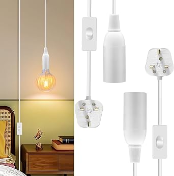 Pendant Light Fitting Kit, 2 Pack E14 Bulb Holder with Switch, 4.5 M White Lamp Cable with Switch And Plug, Hanging Light with Plug in Cord, Plug in Ceiling Light Fixture, for Balcony, Camping, Loft
