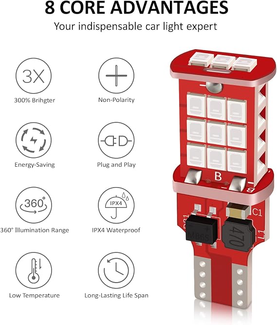 912 921 LED Bulb Red, Third Brake Center High Mount Stop Light, Canbus Error Free T15 906 904 W16W LED Bulb Red 3rd Brake Tail Lights For Cars/Truck, 300% Brighter Non-Polarity, Pack of 2