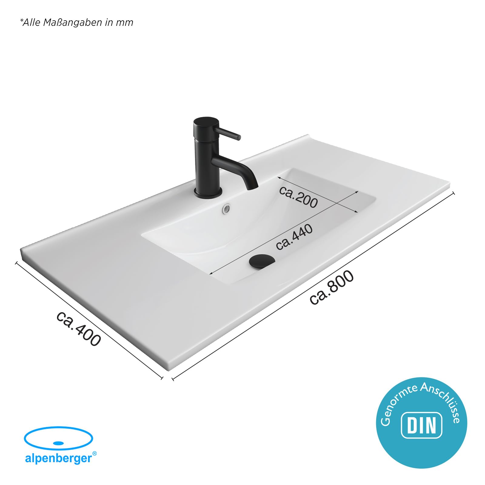 Alpenberger Waschbecken Bad Waschtisch | Einbauwaschbecken | Aufsatzwaschbecken Eckig | Waschplätze Gäste WC Waschbecken 80 cm Breit | Handwaschbecken mit Keramik Versiegelung Nano