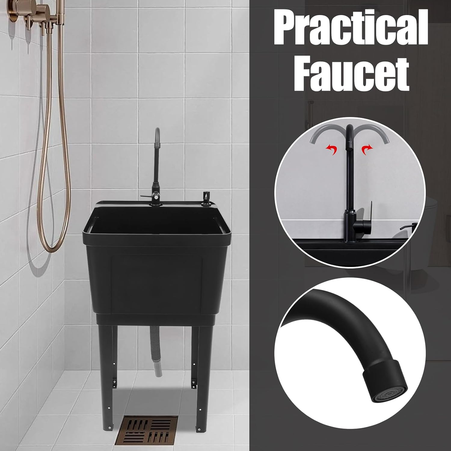 Free-standing Laundry Sink Wash Bowl Basin Station Utility Sink with Rotatable Faucet and Washboard for Home Restaurants Washing Room Canteens Gardens Warehouses,19.7x19x33.1in (Black)