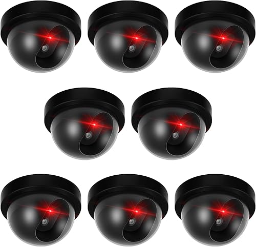 Miniatura 7 de Kanayu Paquete de 8 cámaras falsas para cámara CCTV, cúpula de seguridad falsa con luz LED roja intermitente, vigilancia inalámbrica CCTV para