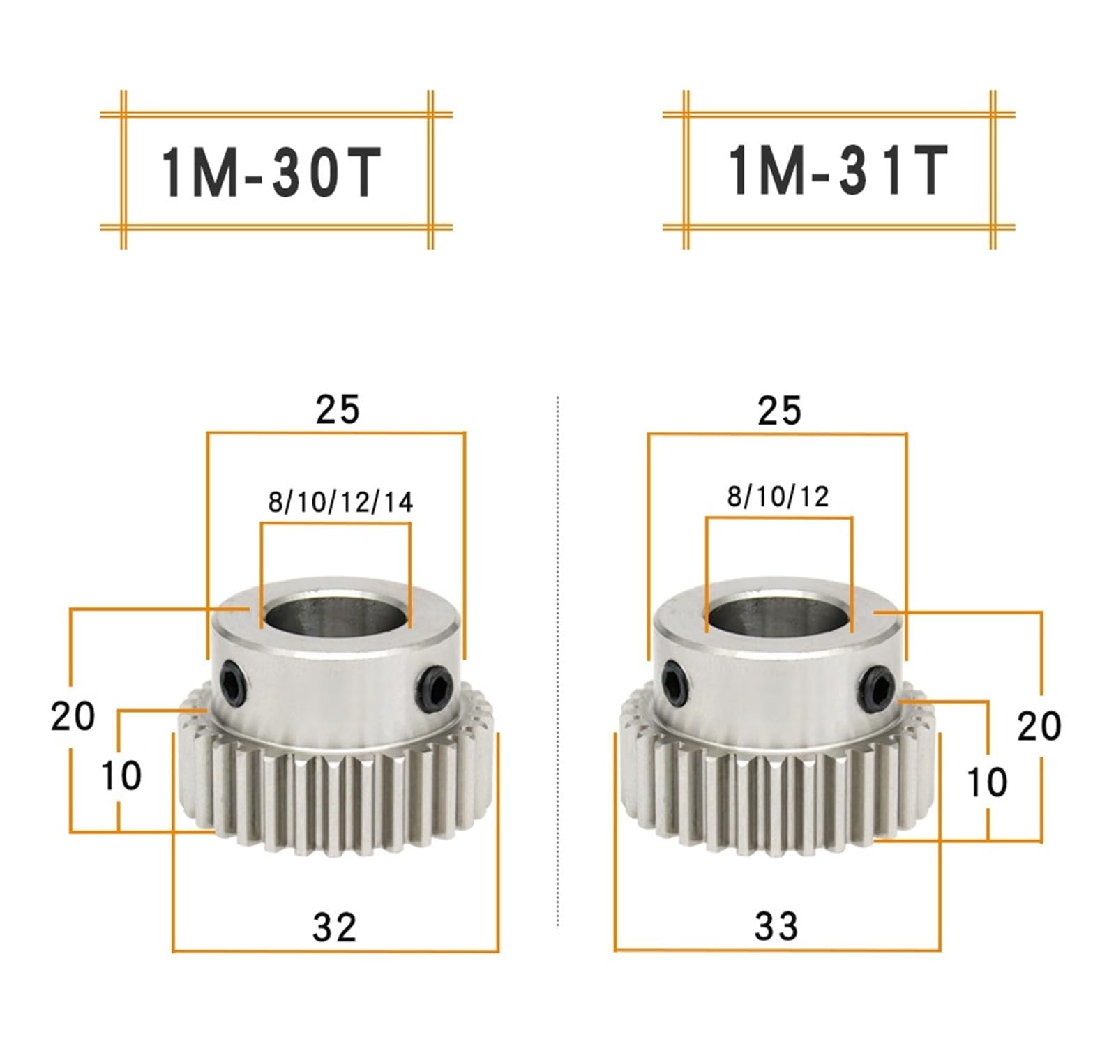 Bevel Gear Pinion Hardware Mechanical 1pcs Gear Wheel 1M-30T/31T Bore Size 8/10/12/14mm 304 Stainless Steel Pinion Gear Teeth Thickness 10mm Total Height 20mm(1M30T (Bore 10mm))