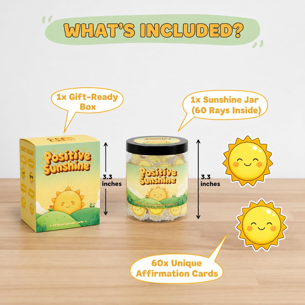 Positive Sunshine Jar - 60 Affirmation Cards, Emotional Support, Yellow - Sunflower - Sunshine Gifts, Stocking Stuffers, Human Sunshine Gift For Women, Cowokers, Friends, Teens