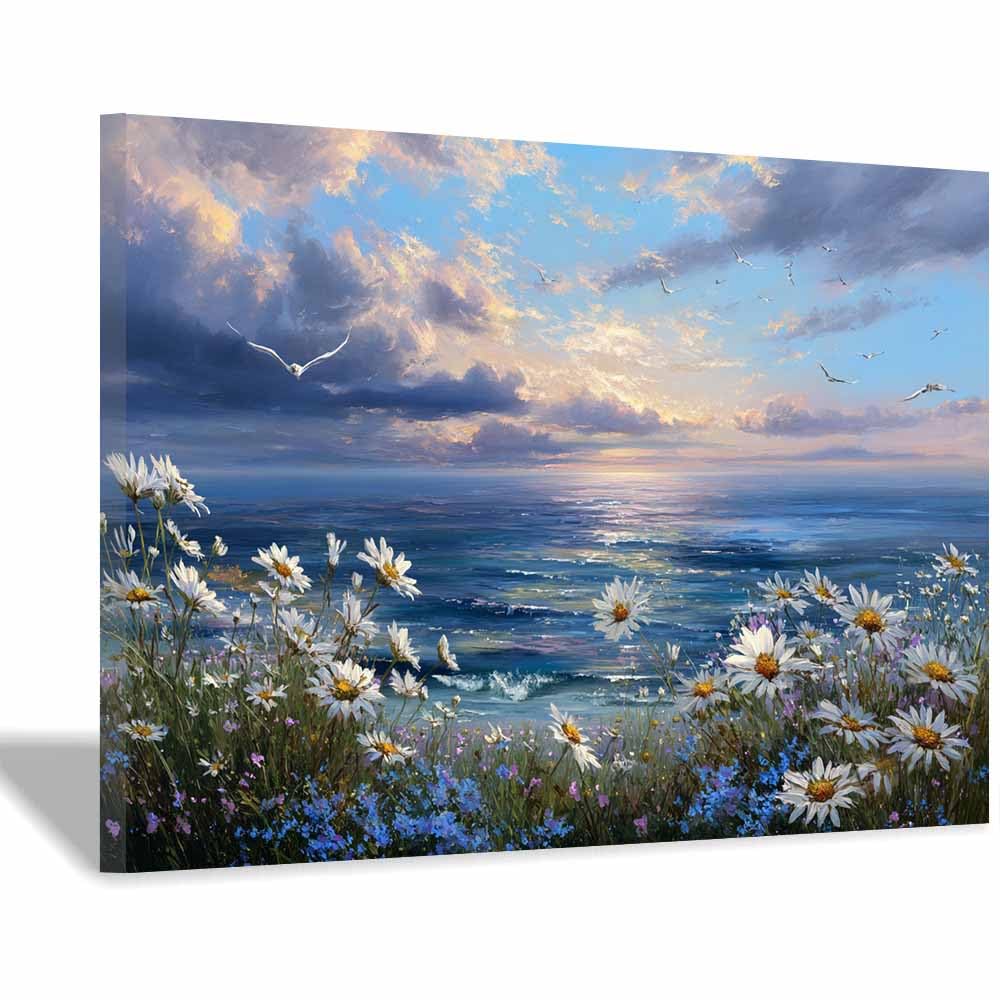 PUQAAEO Canvas Wall Art Decor, Sunset Ocean Daisies Landscape Canvas Wall Art, Painting Prints, Bedroom Bathroom Office Decor,(Multicolor)-30x45cm Framed