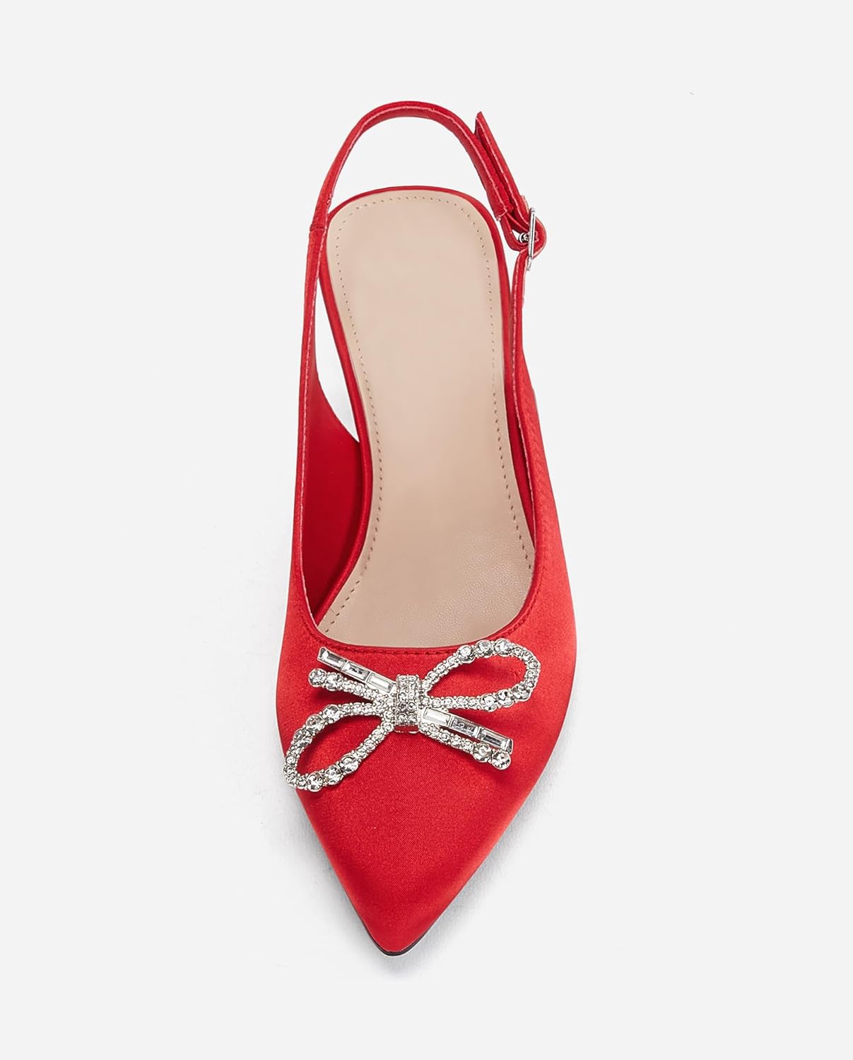 Coutgo Womens Kitten Heels Satin Pumps Slingback Pointed Toe Rhinestone Bow Wedding Dress Shoes - Image 5