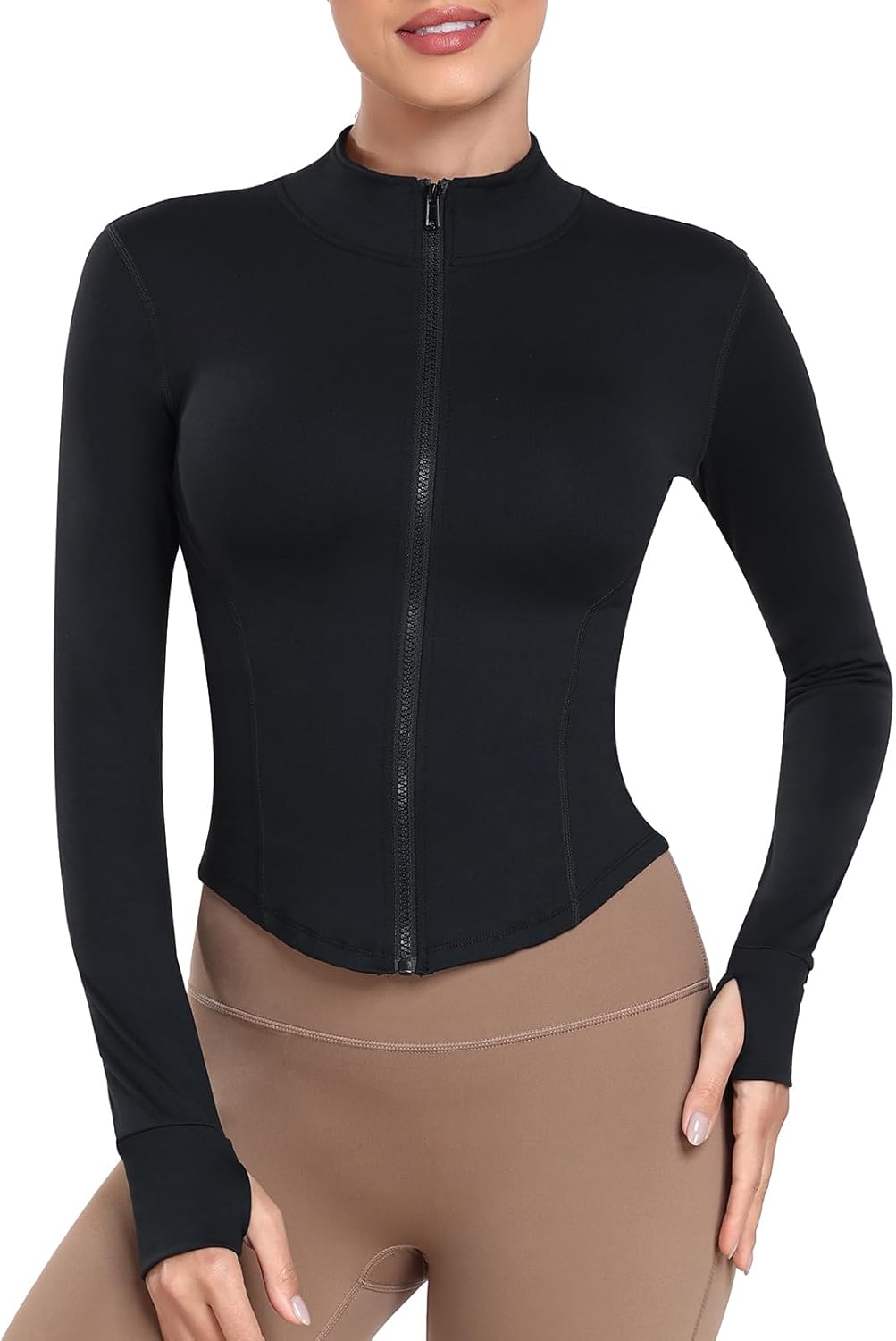 Women's Full Zip Lightweight Running Yoga Slim Fit Cropped Bbl Jacket Workout Sportwear With Thumb Holes - Image 2