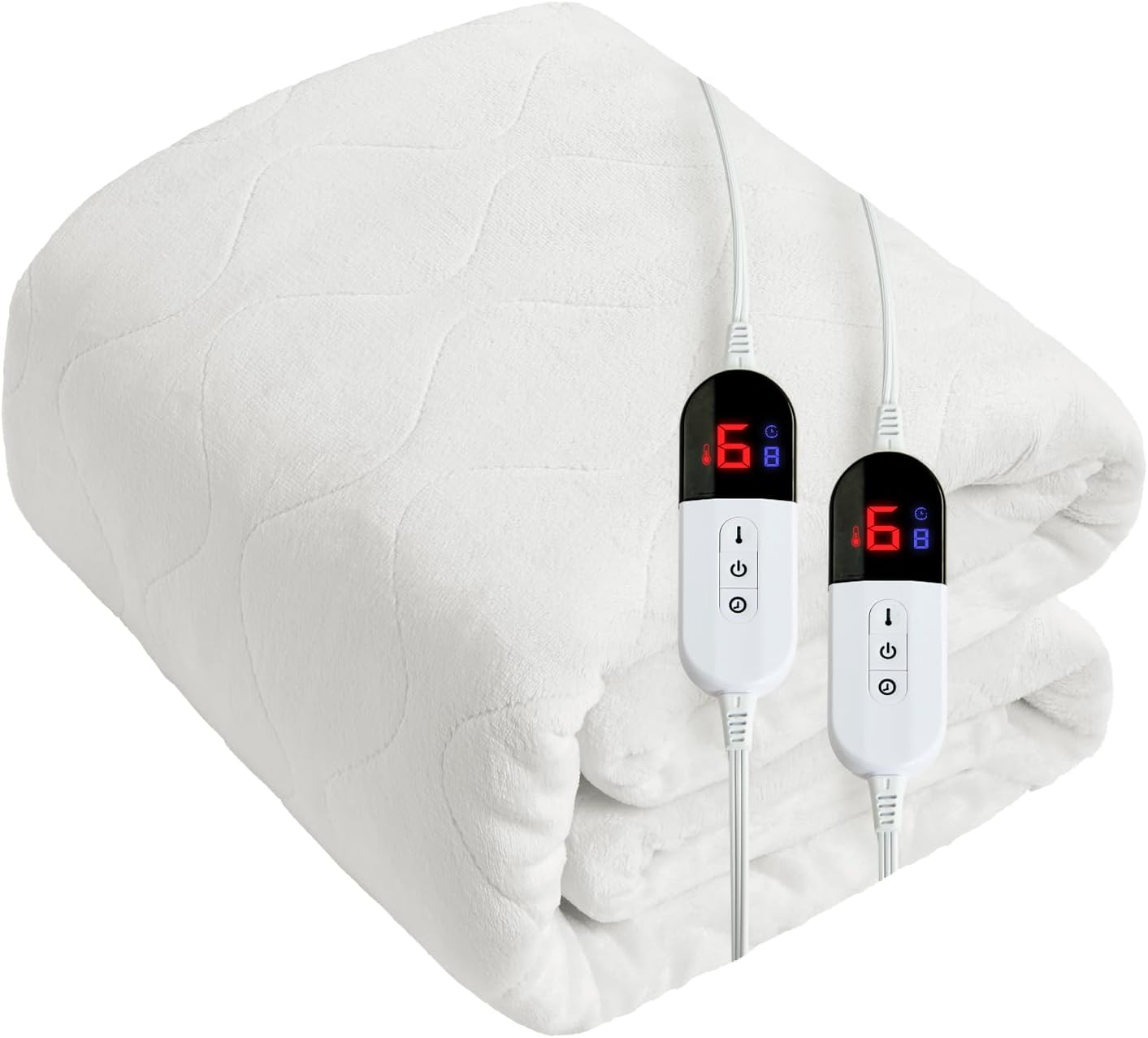 Queen Size Heated Mattress Pad with Dual Control - Quilted Coral Fleece Electric Mattress Pad Cover - Auto Shut Off Bed Warmer with Deep Pocket, Machine Washable, Cloud White