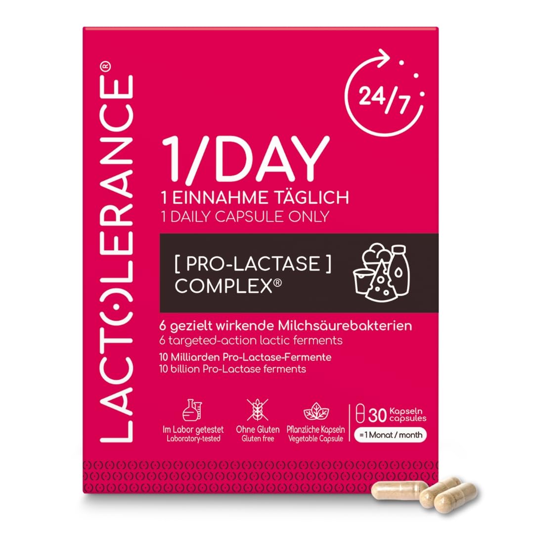 LACTOLERANCE 1/DAY Laktase-Vorstufe, Milchsäurebakterien, 24h, 90 Kapseln | Nur 1 Kapsel pro Tag. 24-Stunden-Schutz. Geeignet bei Laktoseintoleranz. Unterstützt die Laktoseverdauung. Probiotika.